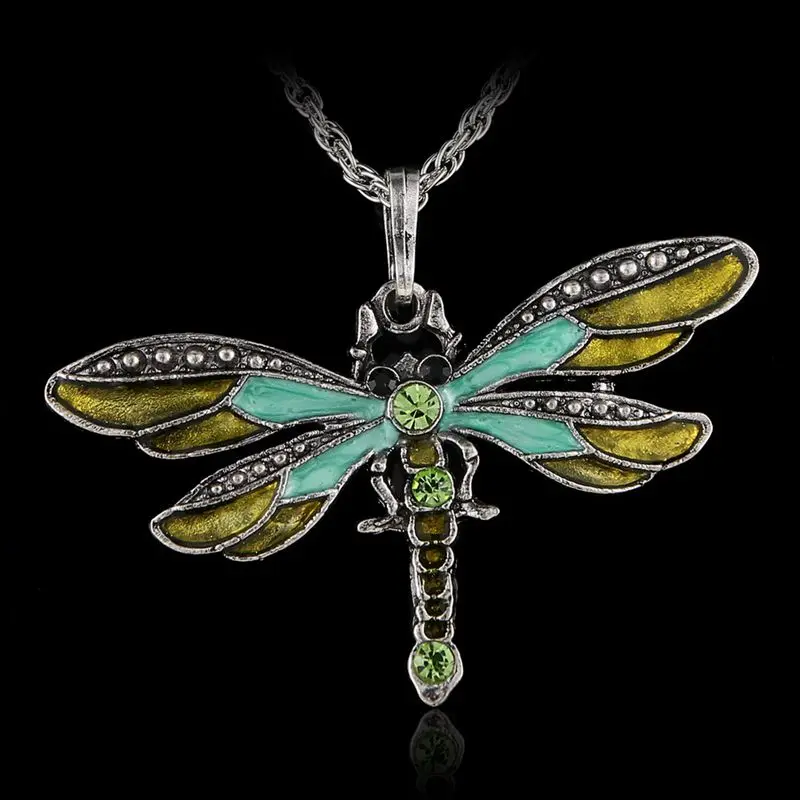 Ринху Женская бижутерия винтажный кристалл кулон ожерелье с милыми животными Подвеска стрекоза ожерелье - Окраска металла: green