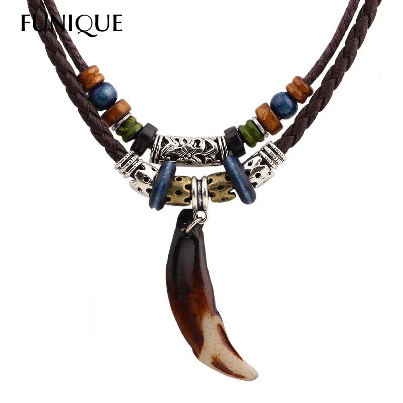 

FUNUQE Wolf Tooth Pendant Necklace Adjustable Leather Personalized Necklace Ethic Leather Necklace for Men Women New Year Gifts