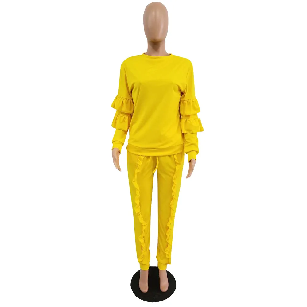 Осенний женский спортивный костюм с рукавами-лепестками, комплекты одежды, повседневные штаны с оборками, розовые спортивные костюмы, женские толстовки, комплект из 2 предметов, 8 цветов - Цвет: Цвет: желтый