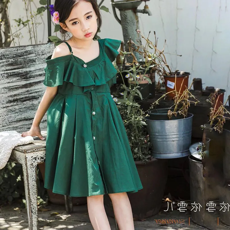 Kids Dress For Girls Summer 2019 New Green Off-the-shoulder Ruffle Dress Children Fashion Princess Party Dress For Girls 2-6T