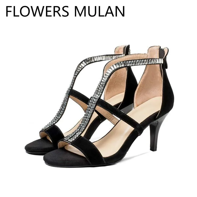 

Luxury Crystal T Strap Women Sandals Peep Toe Cover Heels Summer Ladies Shoes Back Zipper High Heels Gladiators Female Stiletto