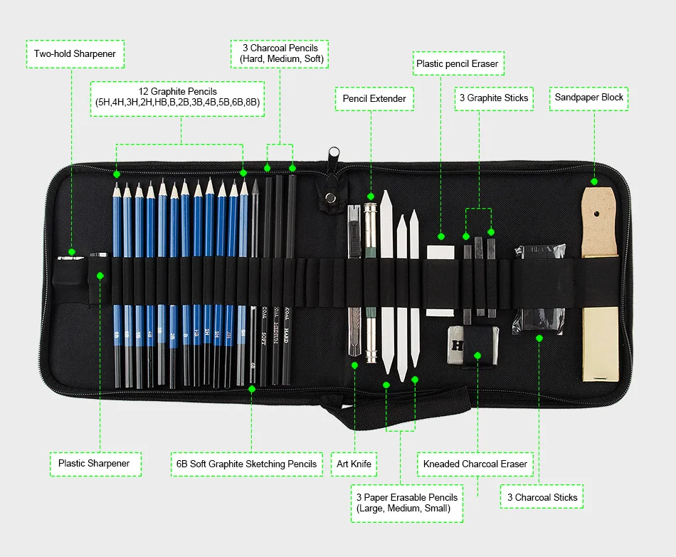 32/40 шт Профессиональный набор инструментов для набросок рисунок с графитовыми/Пастельными карандашами, стираемая ручка, чехол для переноски на молнии