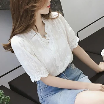 

Elegant Sweet Hollow Out Shirt Lace Loose White Women's V-Neck Blouse Half Sleeves Solid Blouse Summer Women's T-shirts