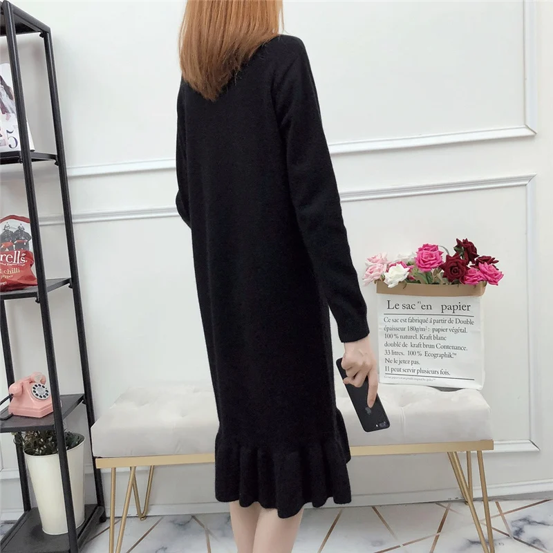 chic Winter Black Sweater Dress Women O-neck Long Sleeve Mid-Calf thick Knit Dress bodycon female slim girl short dress