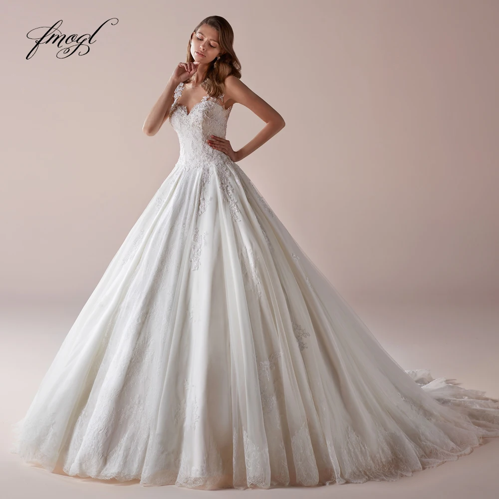 

Fmogl Sexy Illusion Scoop Neck Vintage Wedding Dresses 2019 Luxury Appliques Beaded Court Train Lace A Line Princes Bridal Gowns