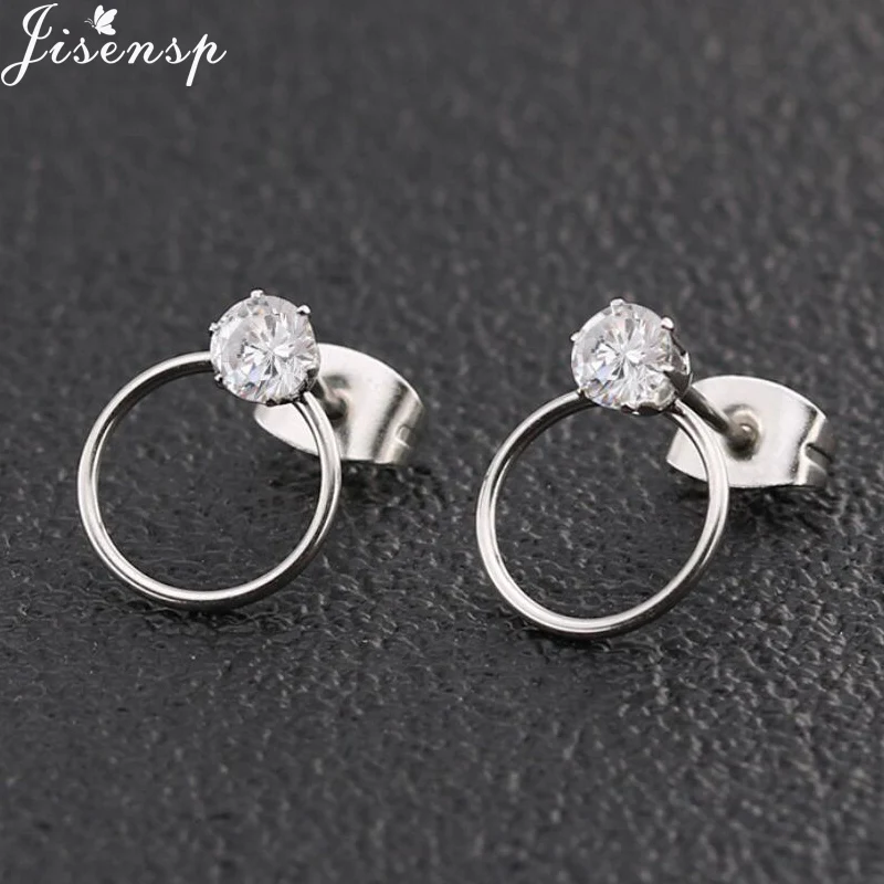 

Jisensp Bijoux 2018 Simple CZ Round Stud Earrings for Girls Minimalist Jewelry Stainless Steel Circle Earrings Gold pendientes
