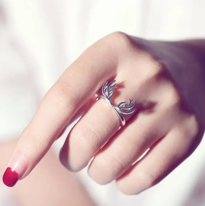 Shuangshuo Silver Plated Adjustable Christmas Gift Rings for Women Animal Antler Rings Girls