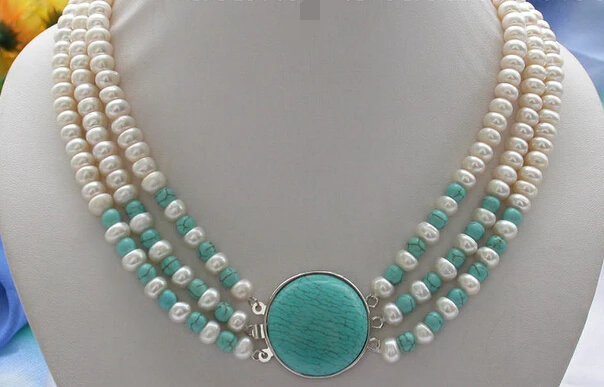 

huij 004609 3row oblate white fw pearl turquoise bead necklace