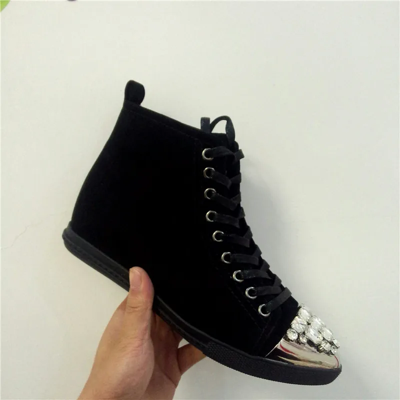 

2016 brand woman shoes 100% real leather Boots Rhinestones Lace-Up Ankle Boots Pointed Toe Height Increasing Ladies Shoes