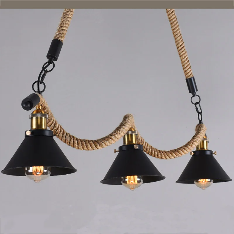 

Industrial Retro Loft Wave Hemp Rope Hanging Light Vintage Metal 3 Heads Pendant Light For Bar Restaurant Fixtures Lighting P521