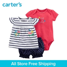 3pcs clothing sets Flutter sleeves striped tee slogan bodysuit polka dots shorts Carter’s baby Girl soft cotton Summer 121I394