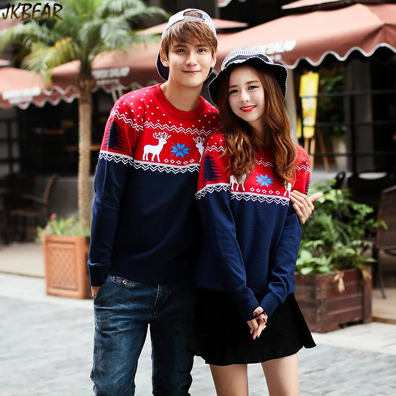 Contrast Color Matching Christmas Sweaters for Couples Cute Reindeer