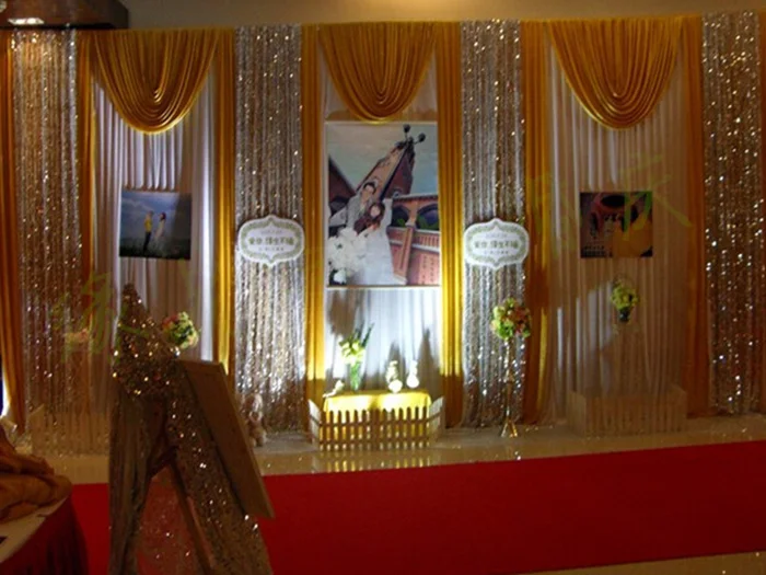 Gold Paillette Wedding Party Backdrop White Curtains Stage Backdrop