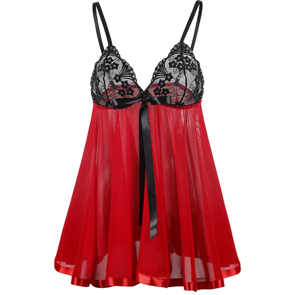 Женское ночное белье размера плюс S-6XL сексуальное кружевное пеньюар сексуальное нижнее белье Ночная рубашка Ночная сорочка Стринги - Цвет: Black red