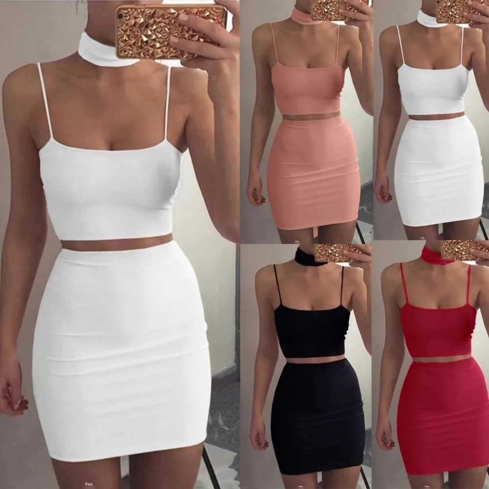 Ropa de fiesta Sexy de moda de verano para mujer, conjuntos dos piezas a juego, Top corto y faldas, vestido ajustado a la traje 2019 X1 - AliExpress Ropa de