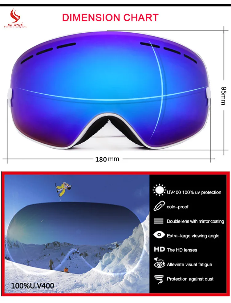 Бренд Benice очки для лыж и сноуборда двойные противотуманные линзы УФ сферические очки для лыжного спорта очки мужские многоцветные горнолыжные очки маски