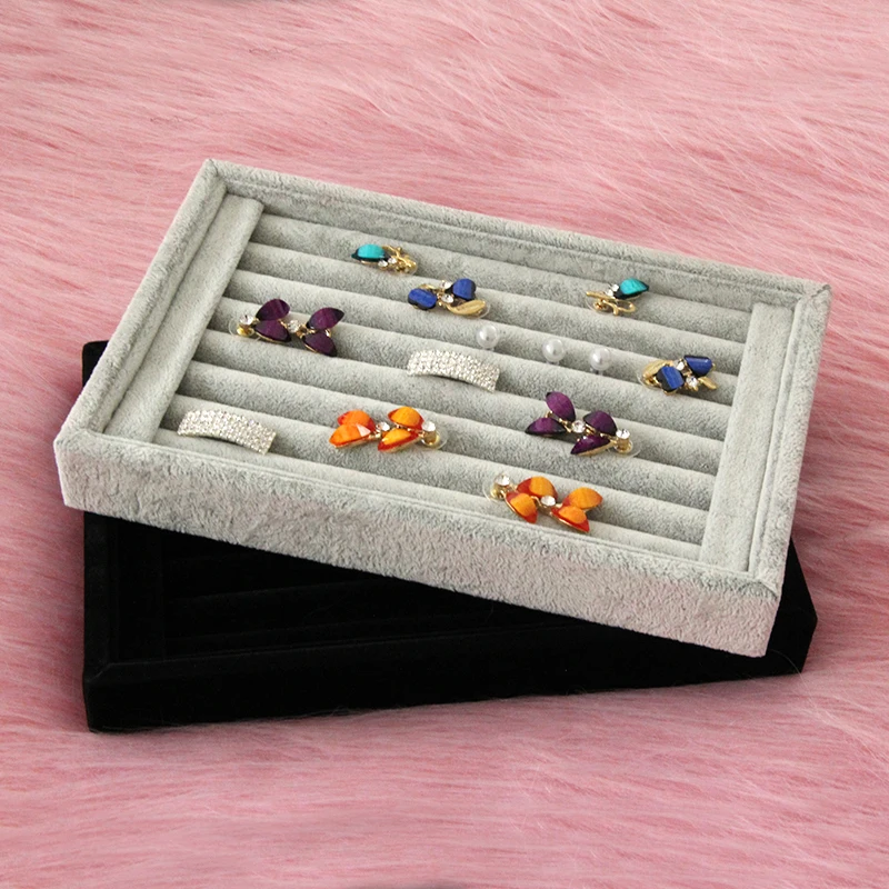 JEWPAC Gray/Black/Rose red Velvet Jewelry Finger Ring Holder Tray Jewelry Display Stand Box For Shop Counter Jewelry Organizer
