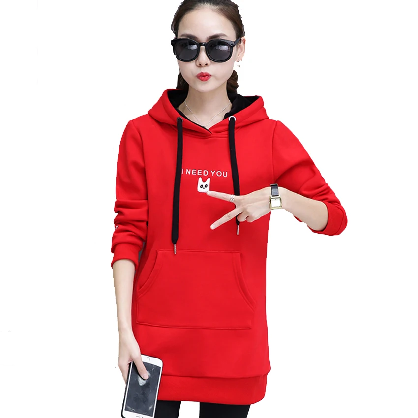 2018 Winter Chic Corduroy Hooded Red Hoodies Women Sweatshirts Letter I Need You Print Harajuku