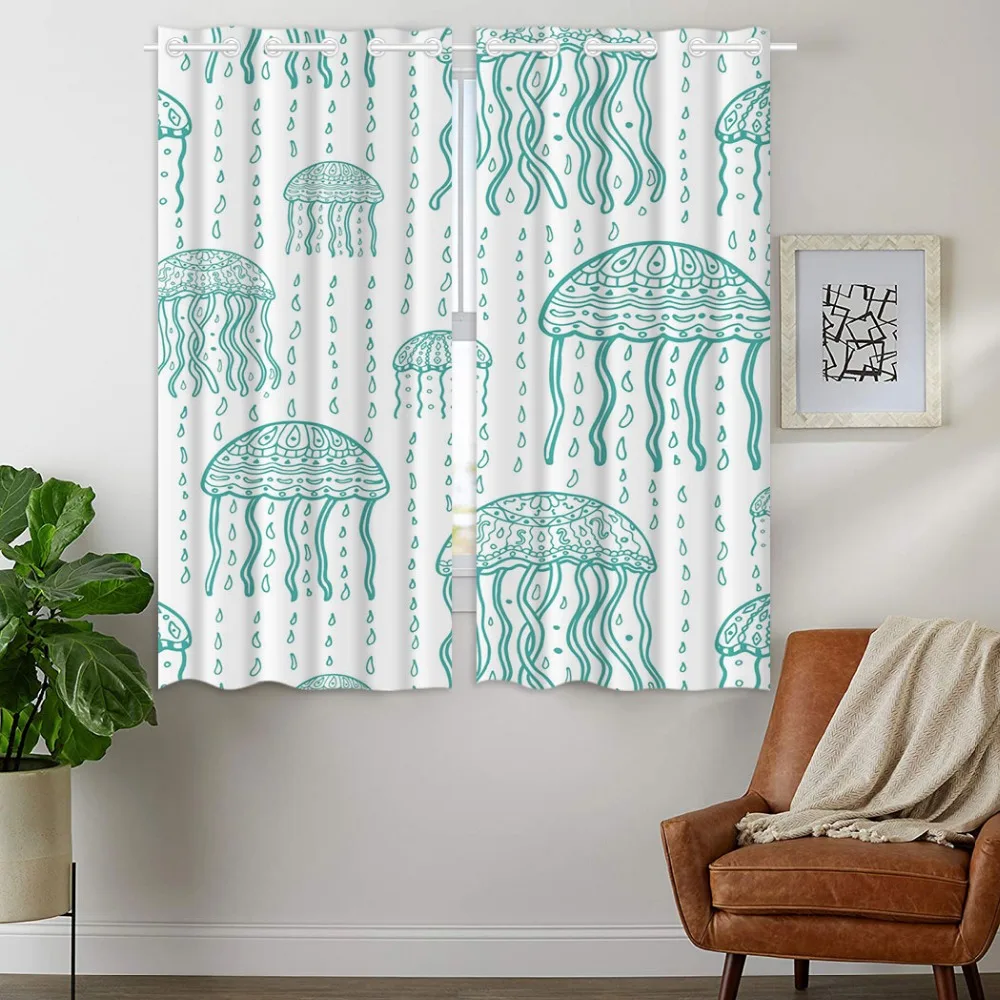 

Blackout Curtains 2 Panels Grommet Curtains for Bedroom Cute Hand Drawn Jellyfish Rain