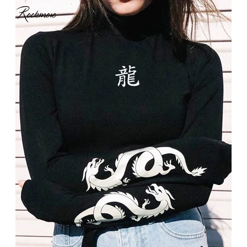 Skup Rockmore odblaskowy nadruk ze smokiem T Shirt kobiety w stylu chińskim Streetwear Tshirt z długim rękawem krótkie bluzki z golfem podstawowe koszulki