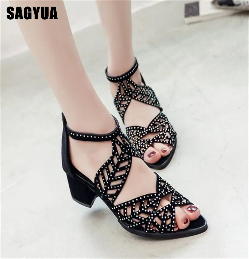 

Rome women Sandals Open toe Platform shoes Ladies zipper Casual shoes Wedding Party crystal Hollow High heels pumps sandals A298