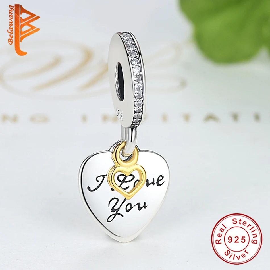 

925 Sterling Silver l love You Beads Charms with Gold Lock Pendents fit Bracelet Fashion Jewelry Valentine's Day Gift