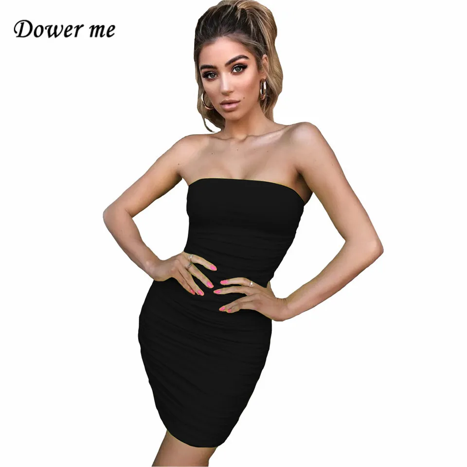 

Dower me Strapless Summer dress Above Knee Backless Draped Sheath Night Club White Khaki Black Sleeveless Women Party dress Y037