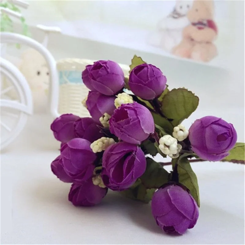 1 букет/15 голов мини Шелковая Роза искусственная цветок свадебное оформление букета для DIY ручной работы Скрапбукинг поддельные бутон цветы - Цвет: Purple