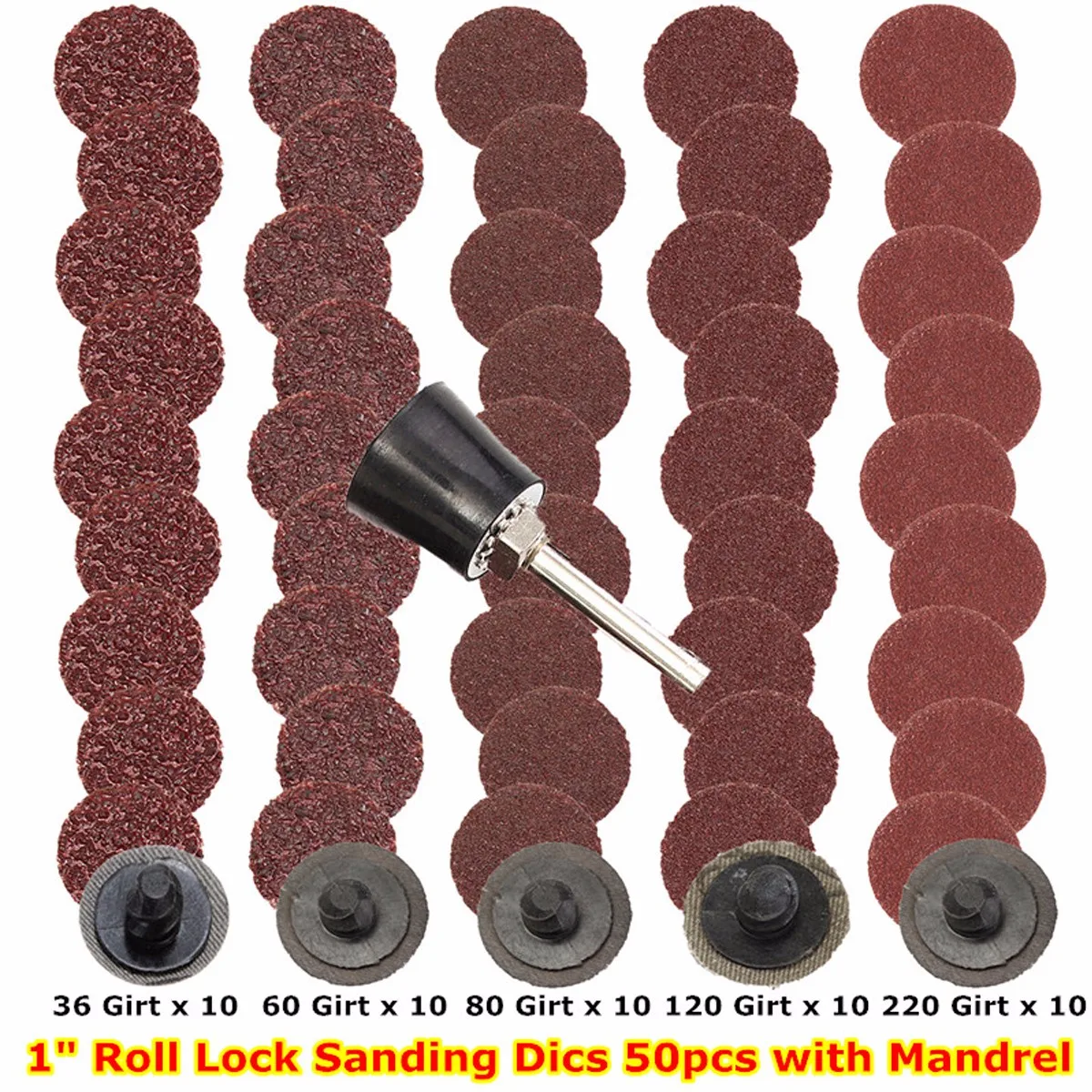 

50pcs 1 Inch Doersupp R Type Roll Lock Sanding Discs with Mandrel 36 60 80 120 220 Grit Roll Lock Coarse Abrasive Tool Sandpaper