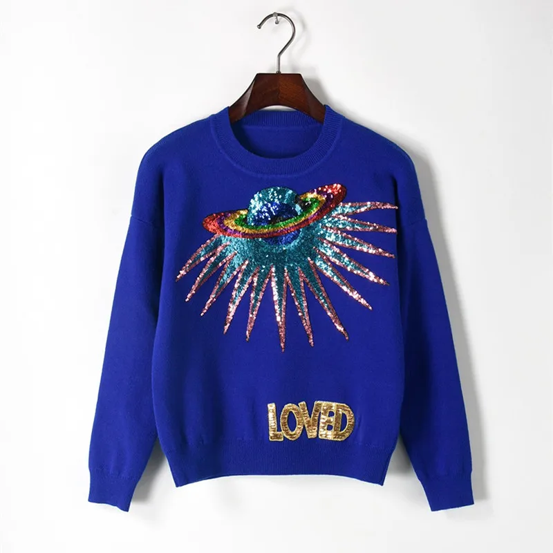 

Luxury Brand Designer Knitted Sweater for Women Star Letters in Colorful Sequins Knitted Pullovers Black Blue White
