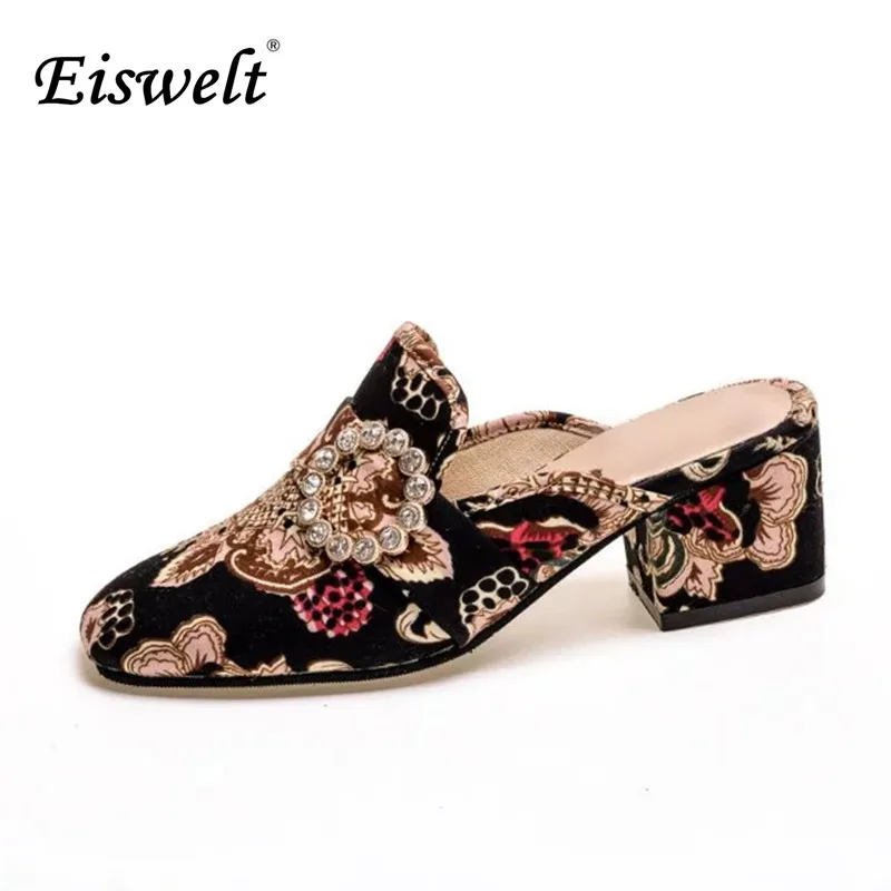 

Eiswelt New 2017 Fashion Retro Women Shoes Medium Heels Shoes Square Toe Women Pumps Embroidery Crystal High Heels Shoes#EGMJ101