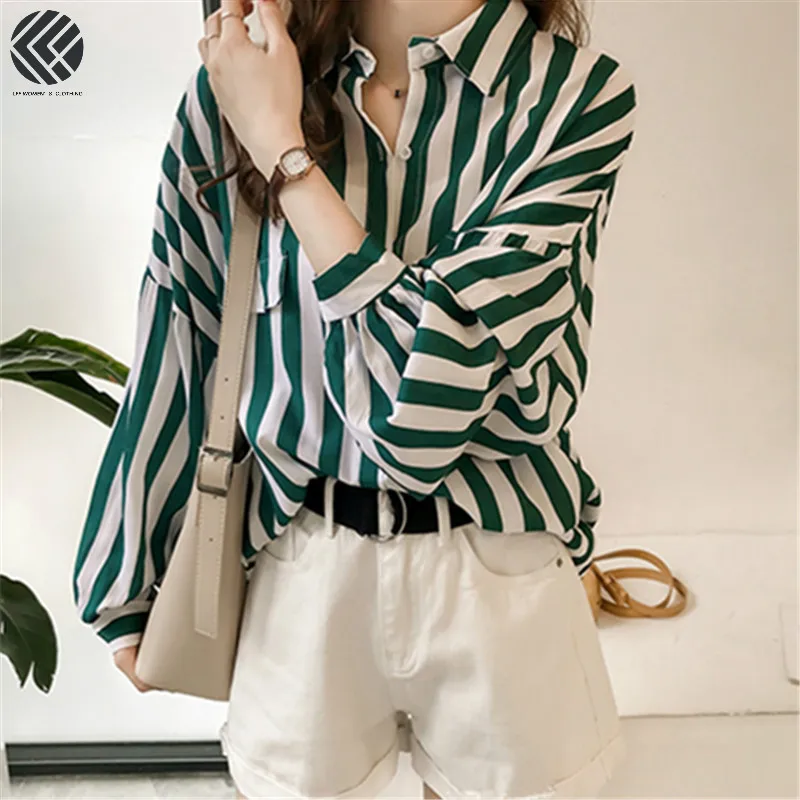 

2019 Women Fashion Korea Style Striped Slim Fit Turn Down Collar Lantern Full Sleeve Fake Pocket Office Lady Ulzzang Chic Shirts