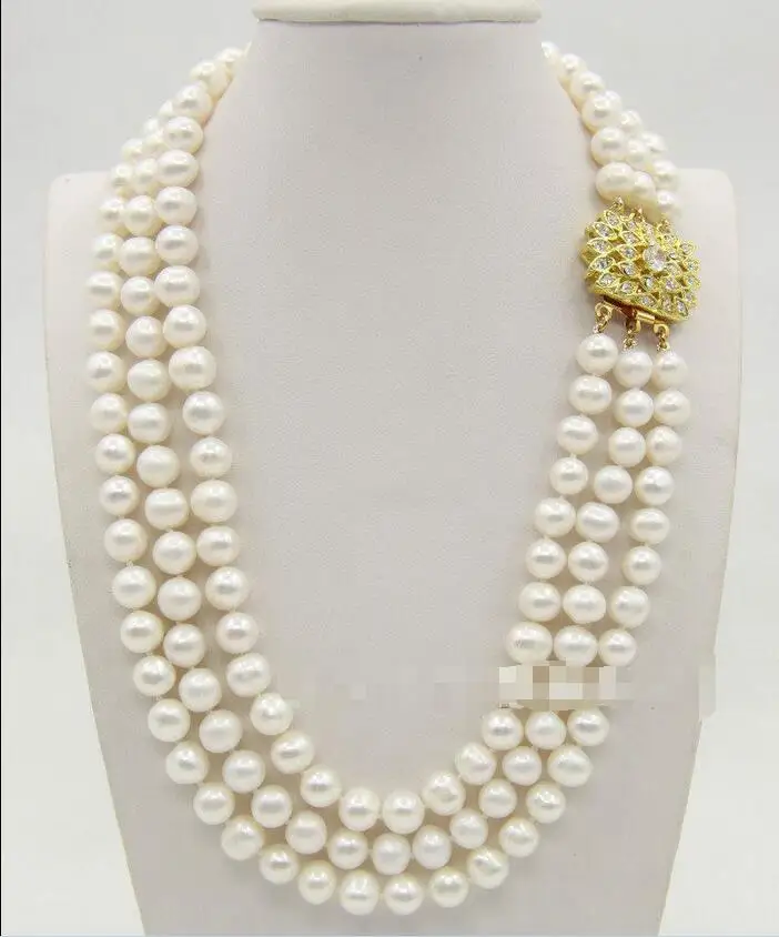 

Free shipping hot sale Women Bridal Wedding Jewelry >>Wonderful 3rows 9mm natural white pearls necklace E2065