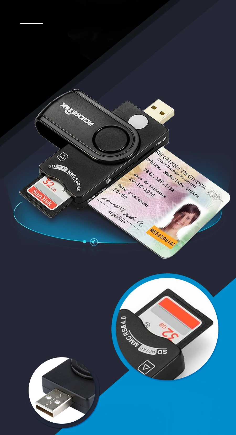 Rocketek в то же время считывает 2 карты Usb RT-SCR10 кард-ридер адаптер для SD/TF Micro SD компьютера ноутбука аксессуары