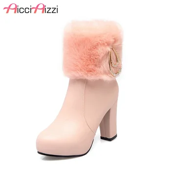 

ZALAVOR Size 33-43 High Heel Women Boots Ankle Plush Fur Warm Winter Woman Platform Shoes Crystal Short Boots Ladies Footwear
