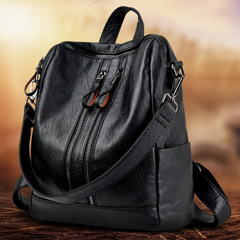 

Fashion Korean Style Soft Leather Softback Bag Double Zippers Backpacks For Lady