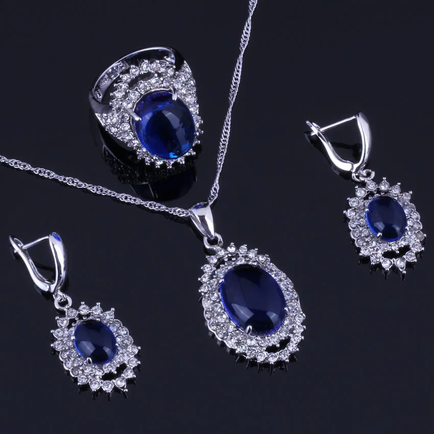 

Sparkling Huge Oval Blue Cubic Zirconia White CZ 925 Sterling Silver Jewelry Sets For Women Earrings Pendant Chain Ring V0268