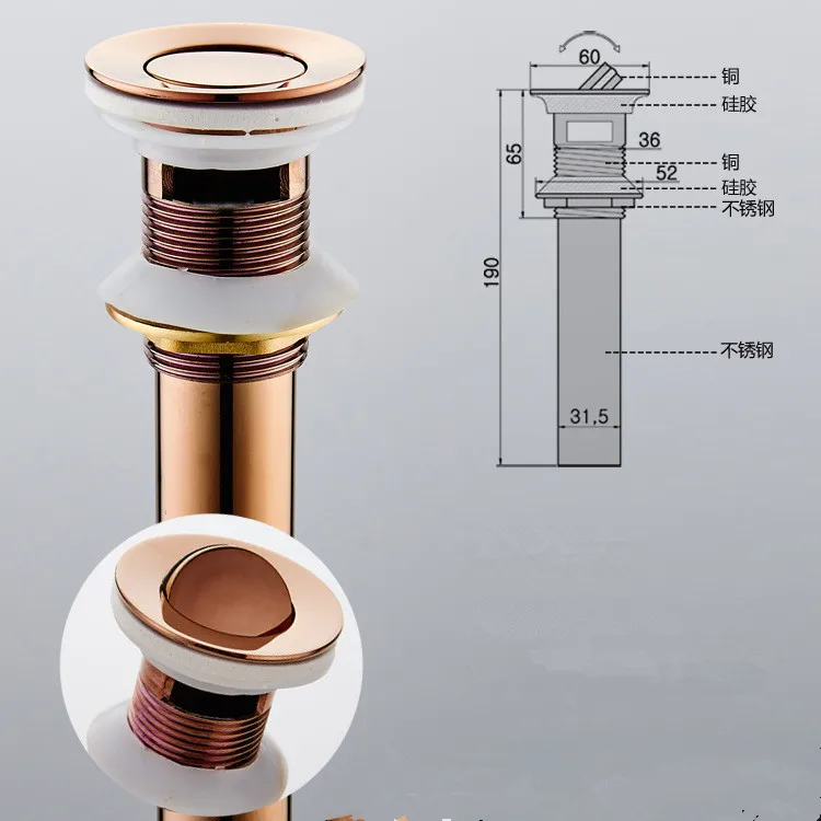 Розовый, золотистый, медный туалетный столик для ванной комнаты дренаж для раковины, всплывающая сливная пробка, откидной верх, сливная труба
