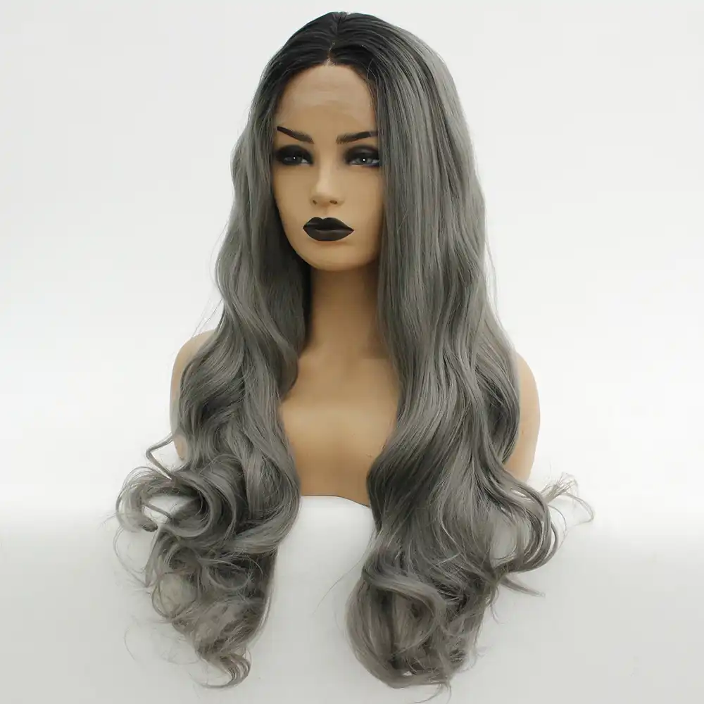 V Nice Middle Part Gray Wig Dark Grey Ombre Black Roots Long Body