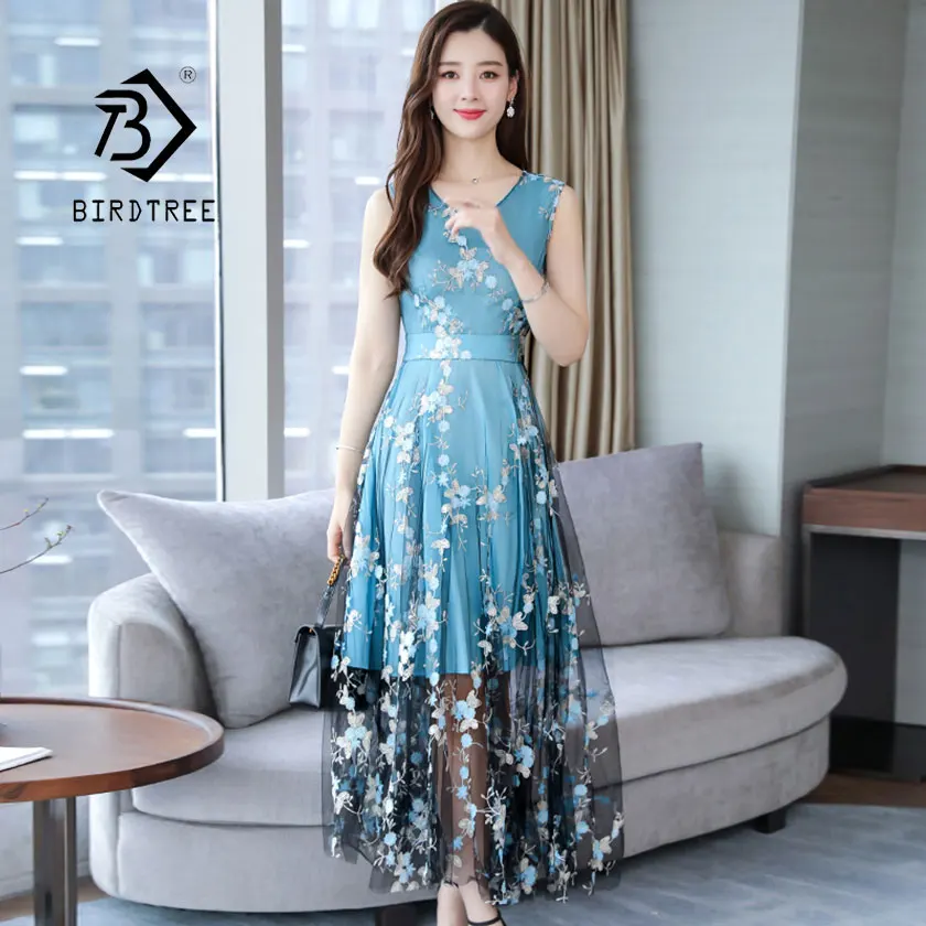 

2019 New Summer Women's Mesh Embroidery Floral Dress Sleeveless V Neck Ankle Length High Waist Vestido Vintage Hot Sales D95202Z