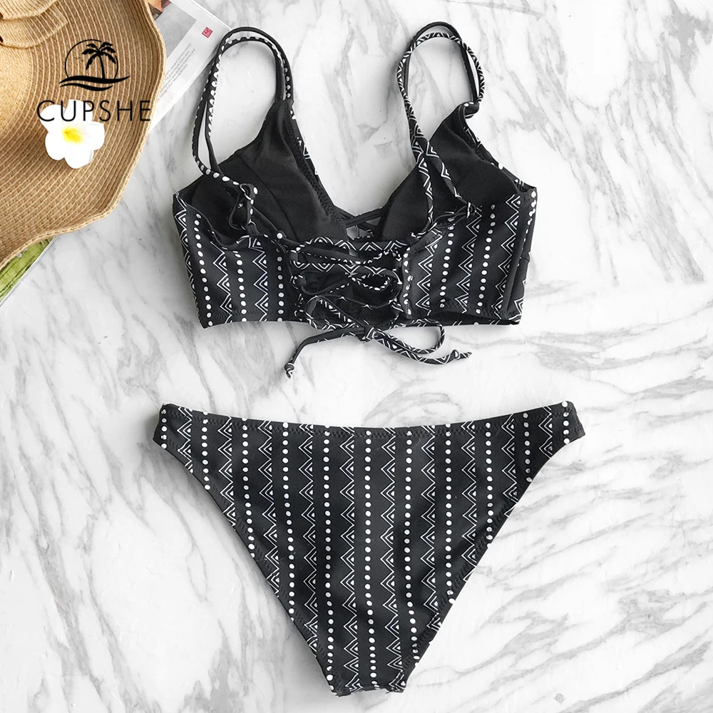 CUPSHE Dream Space Bikini Set Women Lace Up Cross Thong Triangle Bikini Swimwear 2019 Beach Bathing Suit Swimsuit