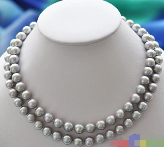 

Free Shipping ***Hot sale >>>2row 8-9mm gray round Freshwater pearl necklace mabe 925silver clasp