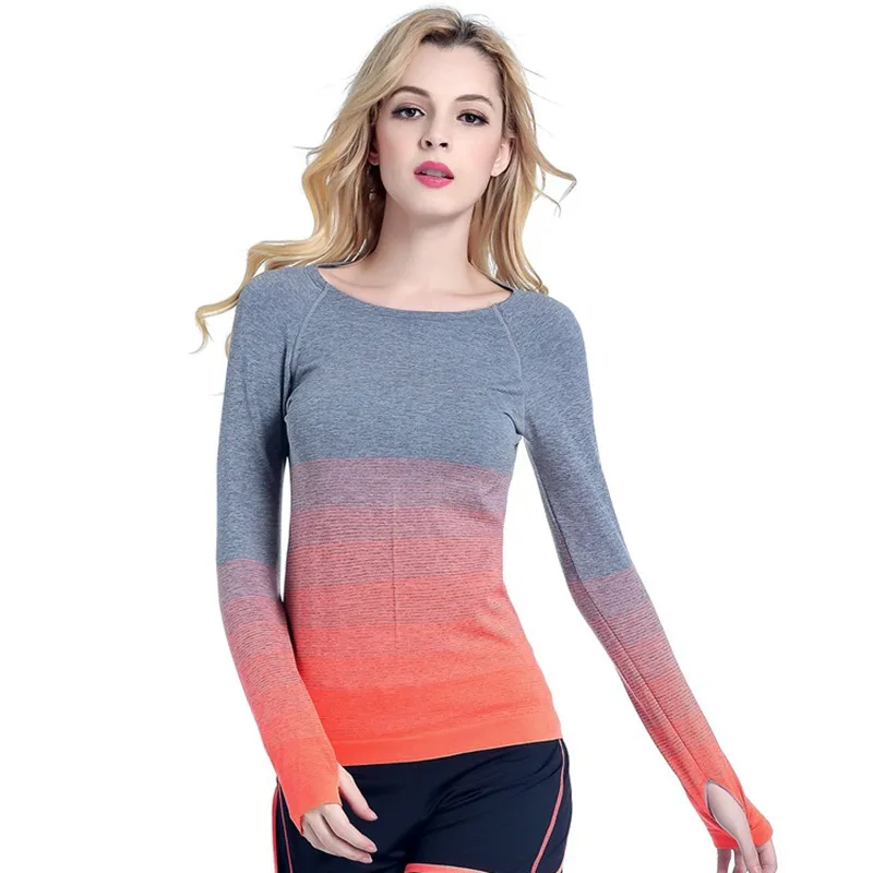

Women Professional Yoga Sport Gradient Color T Shirt Long Sleeves Hygroscopic QuickDry Fitness Elastic T-shirt Women Top Shirts