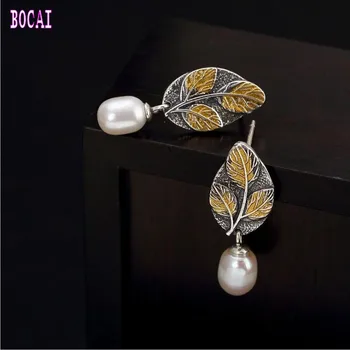 

S925 solid sterling silver natural pearls leaves retro versatile high-grade ladies earrings