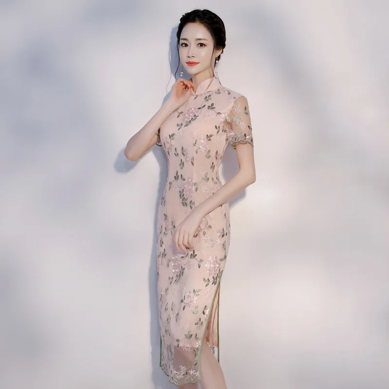Qipao Cheongsams платье китайское женское кружевное современное элегантное тонкое платье Чонсам с коротким рукавом женское офисное женское платье для работы