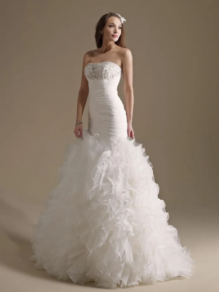 White Organza Mermaid Wedding Dresses Tiered Ruffles Strapless Vestidos