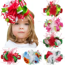 Повязка на голову с рождественским принтом и перьями для маленьких детей, эластичная повязка на голову, HATWO0302