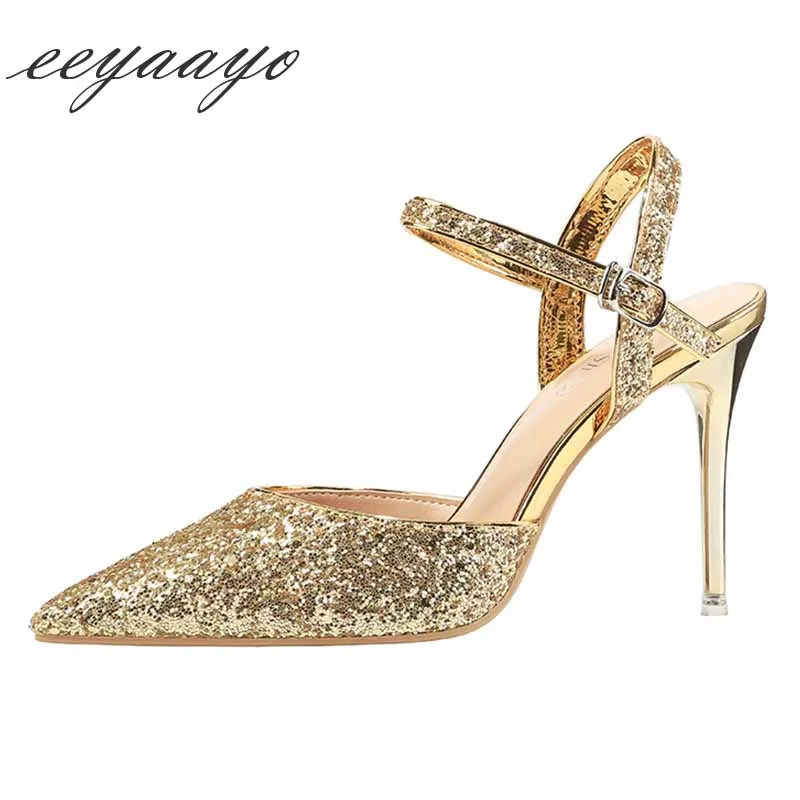 

2019 New Summer Women Sandals High Thin Heel Pointed Toe Bling Party Sexy Bridal Wedding Women Shoes Gold High Heels Sandals