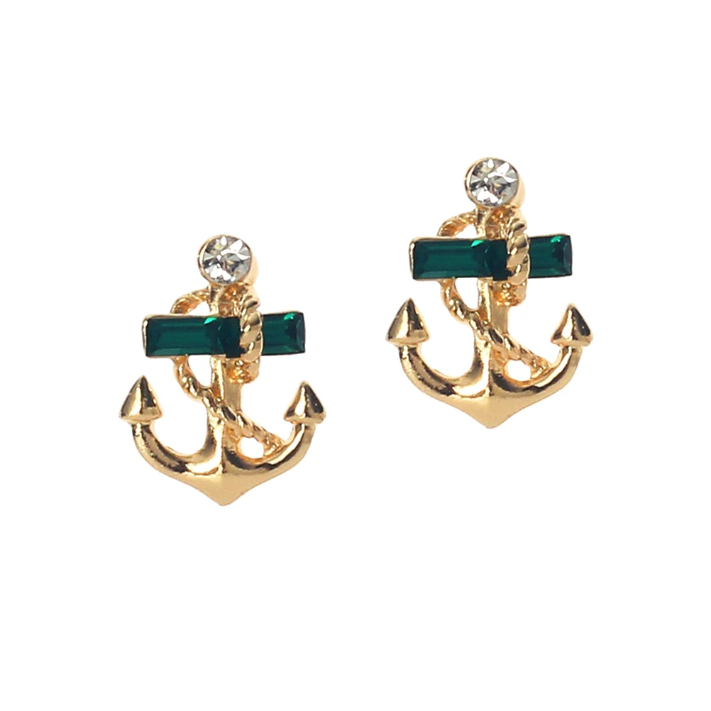 Fashion Nautical Anchor Stud Earrings Alloy Rhinestone Ear Studs Women