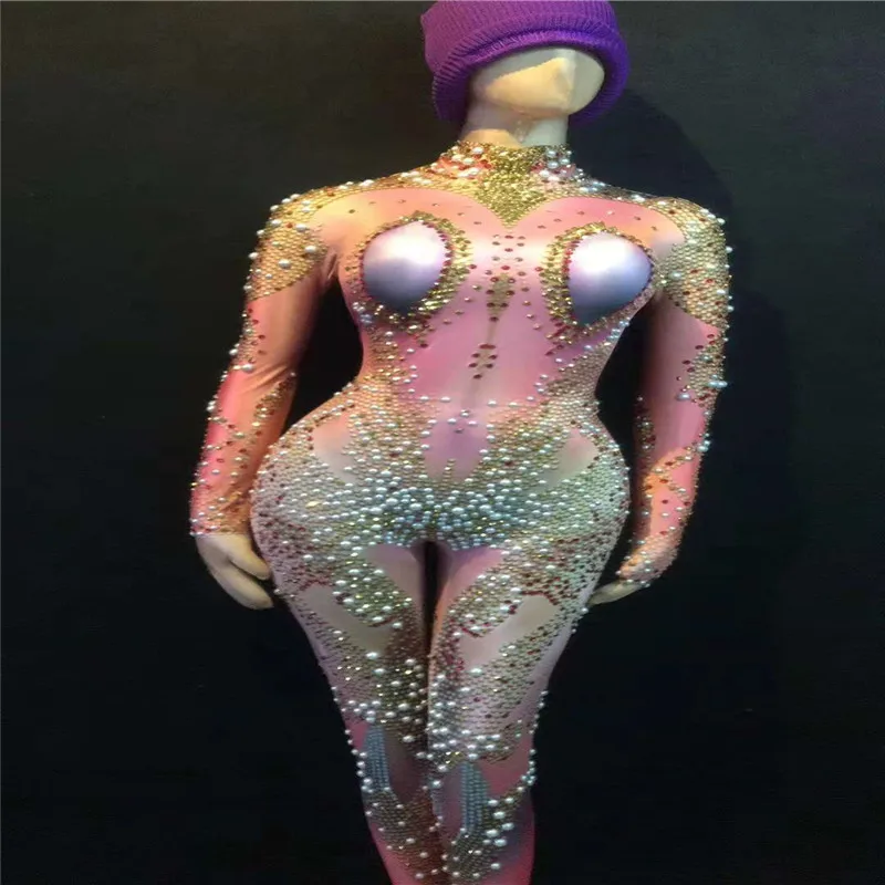 

E55 Pink sexy pearl bodysuit singer performance jumpsuit bar wears show catwalk dress clothes ds outfits dance costumes disco dj